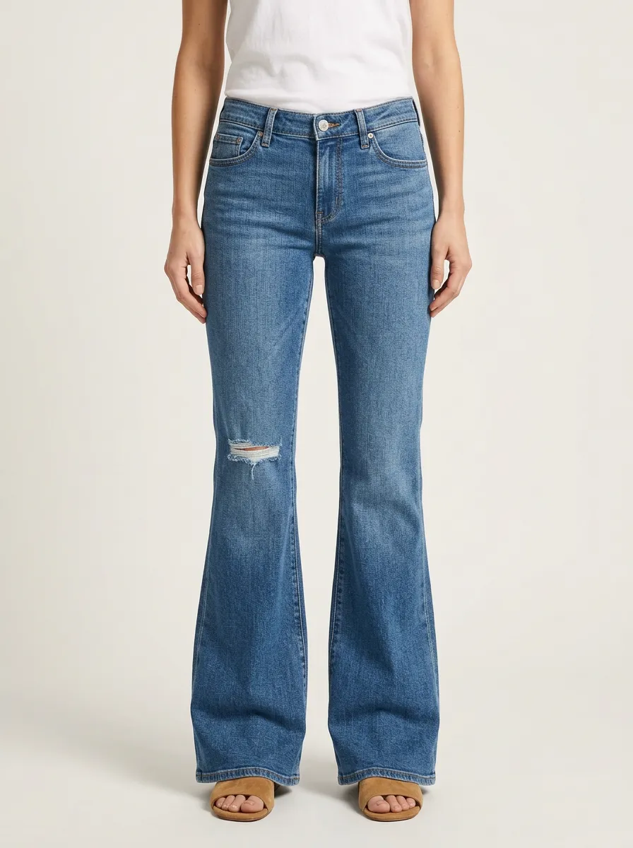 Women's Mid-Rise Right-Knee Whiskered Coin-Pocket Distressed Flare Jeans