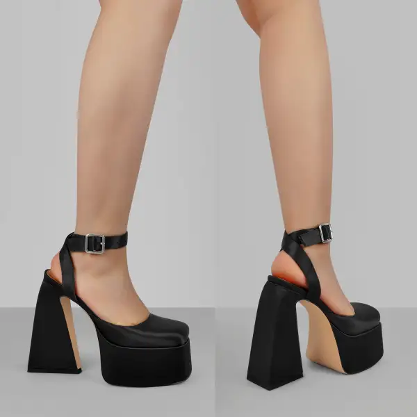 Square Toe Platform Chunky Heel Ankle Strap Pumps