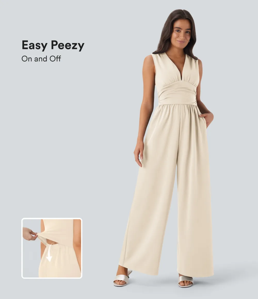 SculptKnit V Neck Sleeveless Ruched Pocket Jumpsuit-Easy Peezy