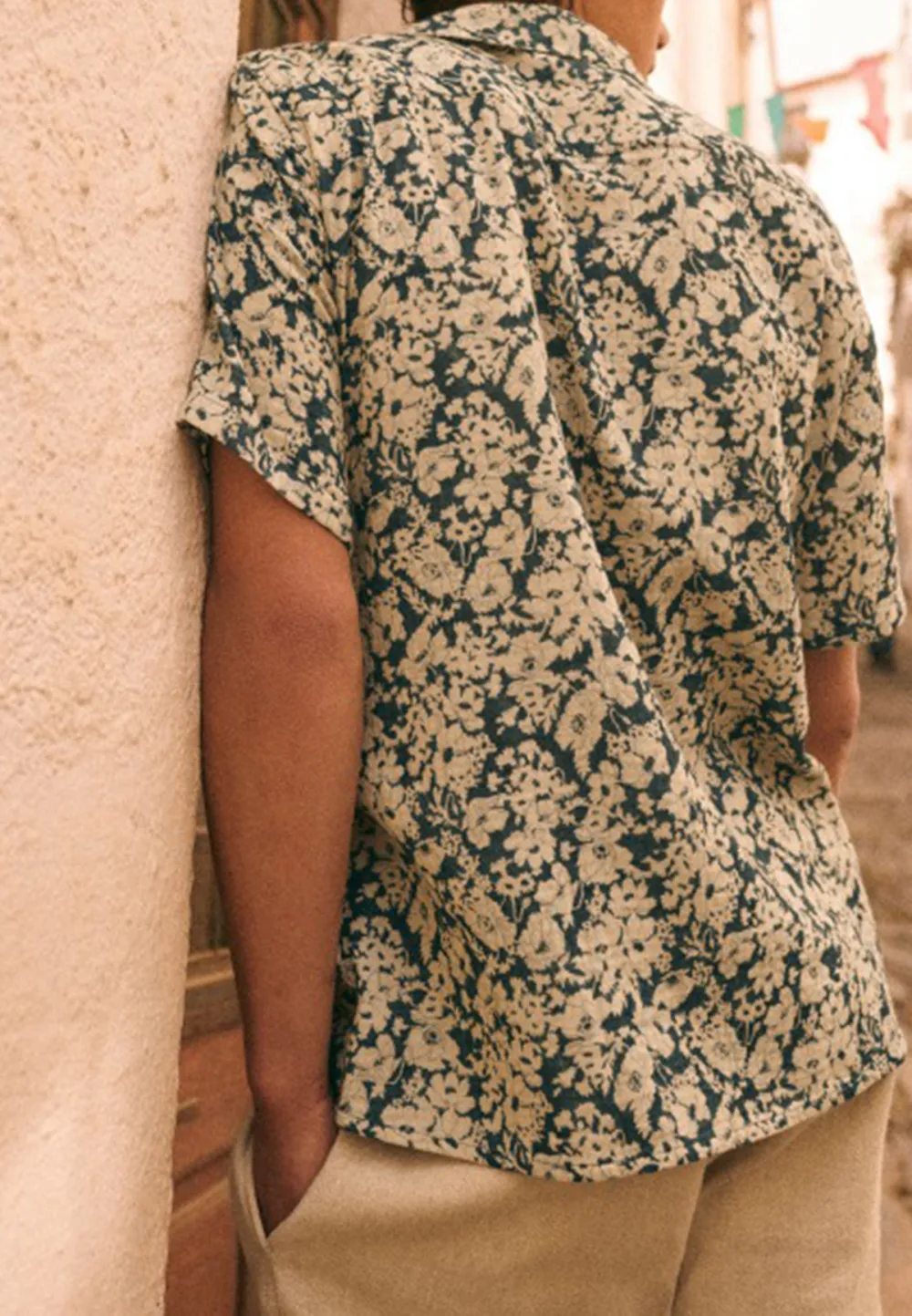 Light Orange Floral Print Short Sleeve Cotton Shirt