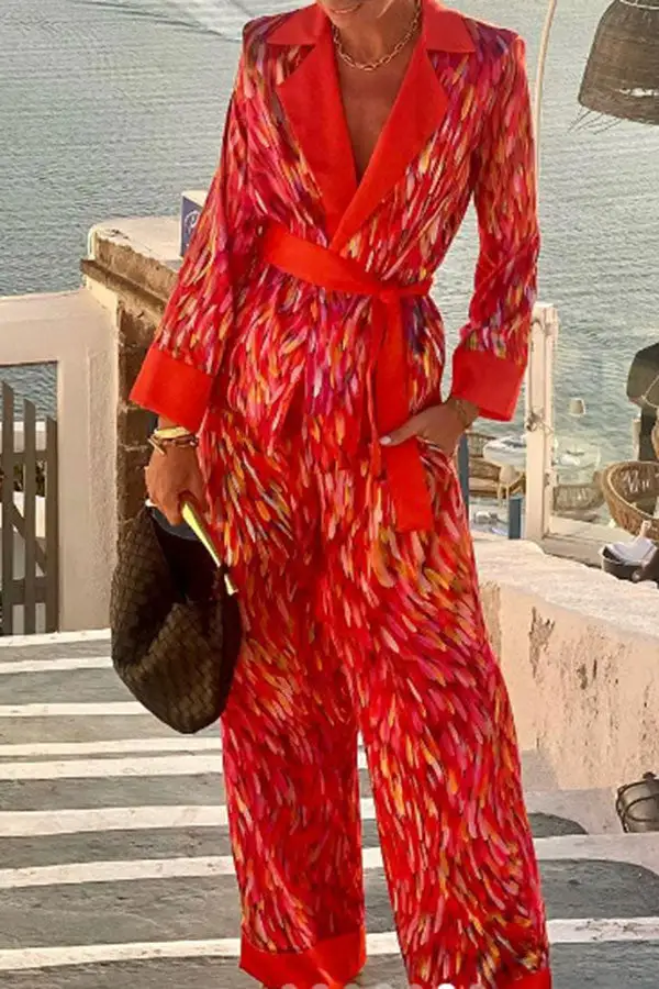 Watercolor Print Lace-Up Notched Lapel Pant Set
