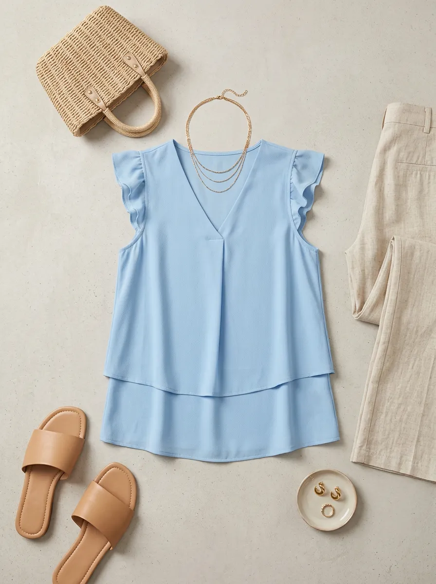 Ruffle Sleeve Layered V-Neck Top