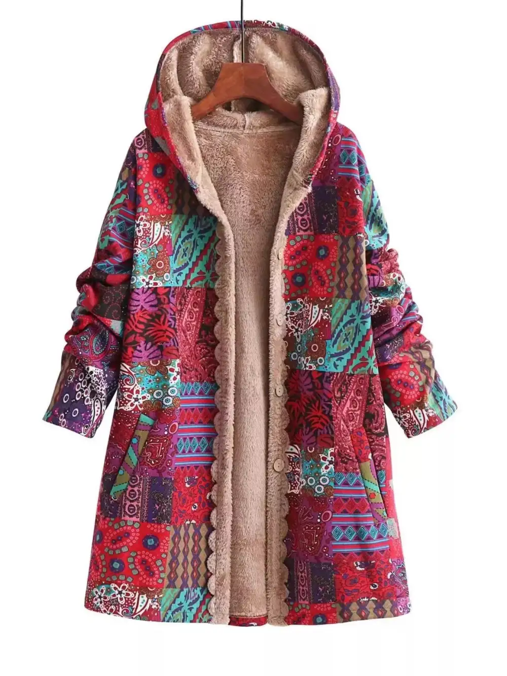 Bohemian Patchwork Fleece Lined Hooded Outerwear