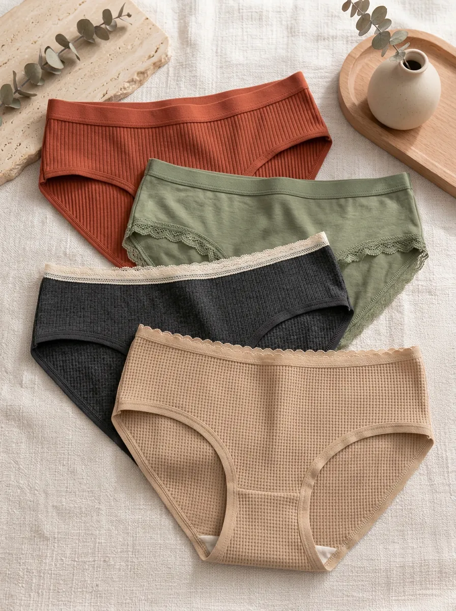 Women's Ribbed Waffle Texture Lace Trim Multi-color Printed Panties Set