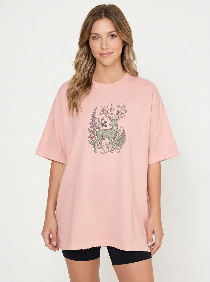 Women's Nature Forest Deer Floral Graphic T-Shirt