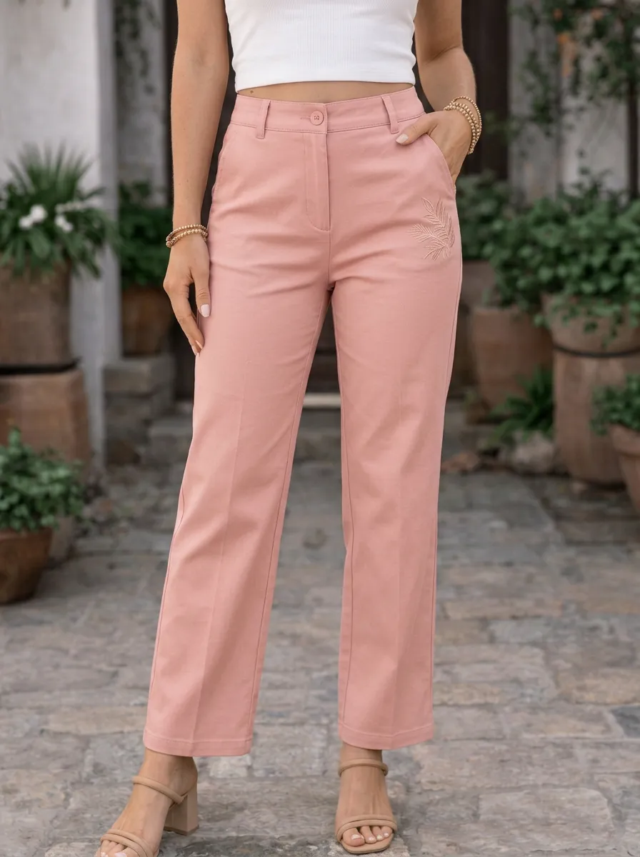 Women's Botanical Minimalist Leaf Embroidered Mid-Rise Straight Pants