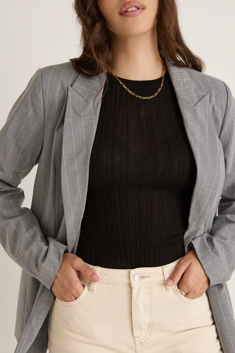 Grey Pinstripe Double - Breasted Blazer