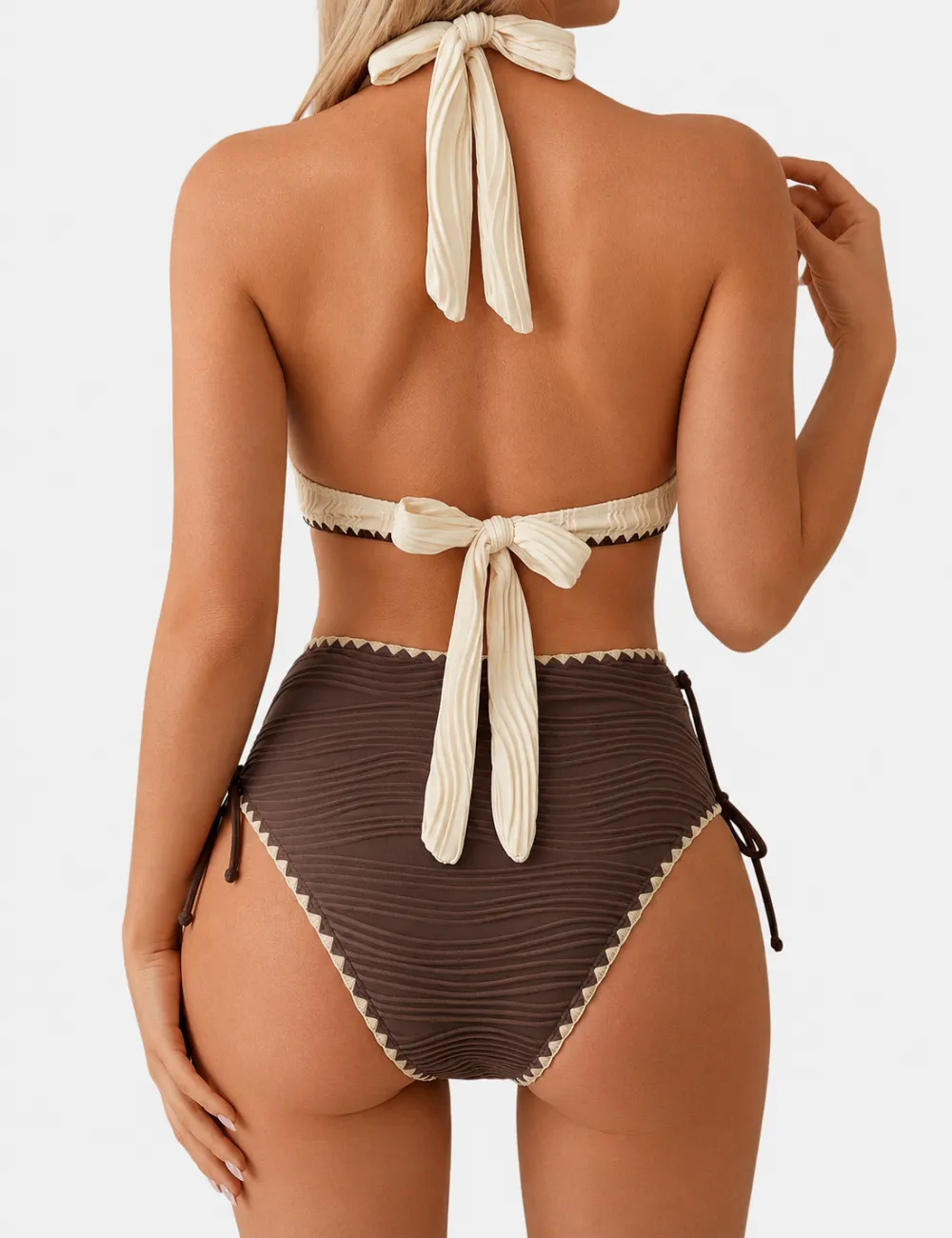 Color Block Wavy Textured Halter High Waist Bikini Set