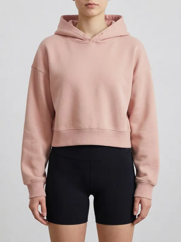 Women's Minimalist Sage Green Rose Embroidered Cropped Hoodie