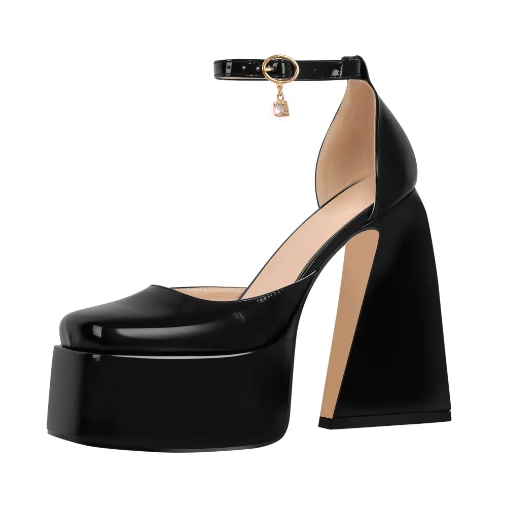 Patent Finish Square Toe Platform Chunky Heel Ankle Strap Pumps