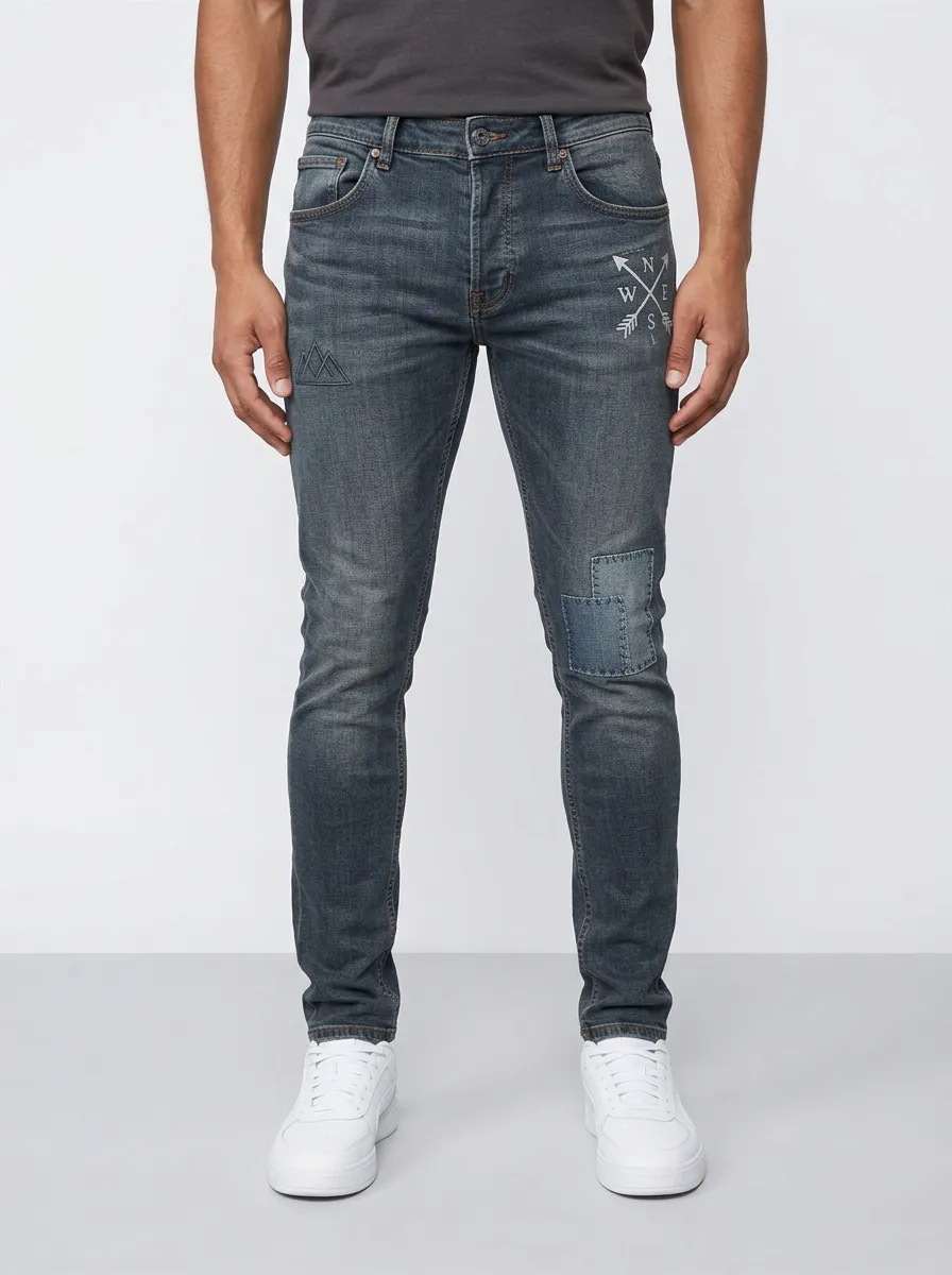 Men's Ridge Adventure Compass Mountain Printed Slim-Fit Jeans