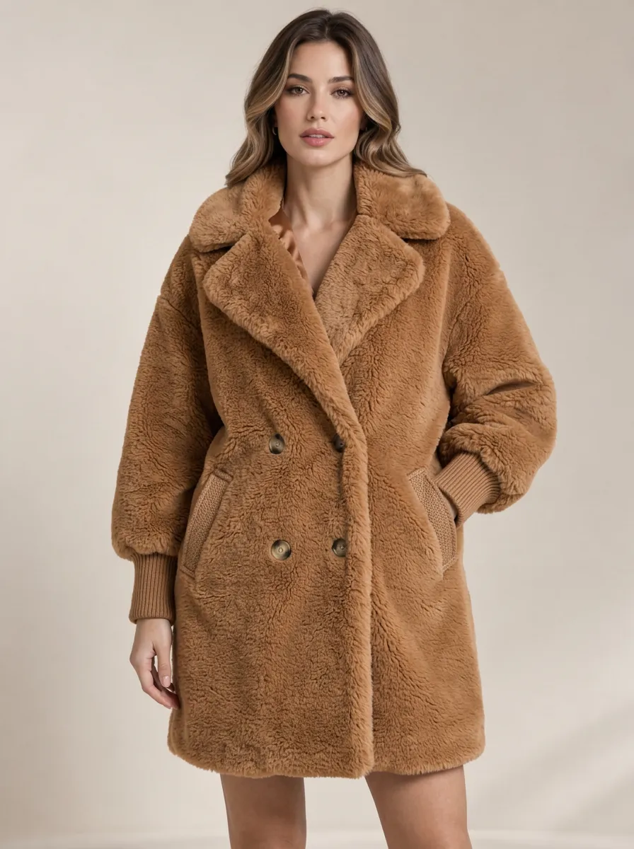 Women's Relaxed Faux Fur Double Breasted Lapel Textured Coat