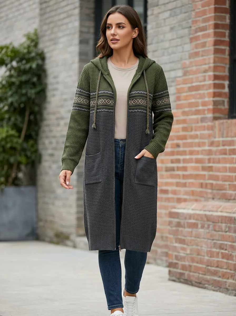 Women's Casual Winter Fair Isle Patterned Hooded Knit Cardigan