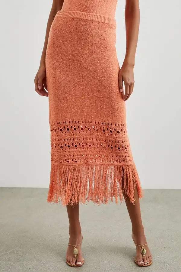 Terracotta Knit Fringe Hem Midi Skirt