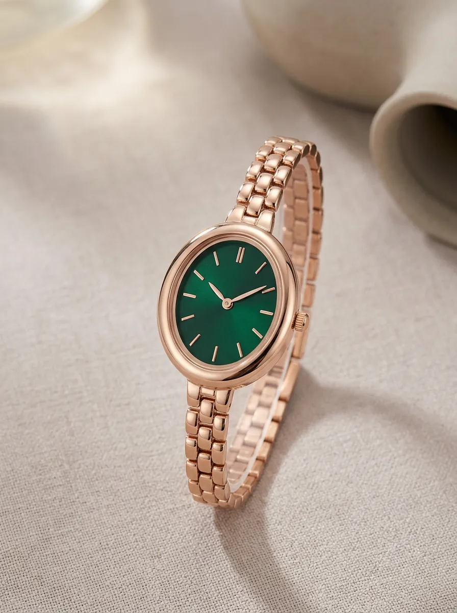 Rose Gold Oval Case Watch With Emerald Green Dial