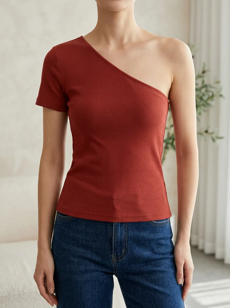 Women's Casual Rust Red Ribbed One Shoulder Top