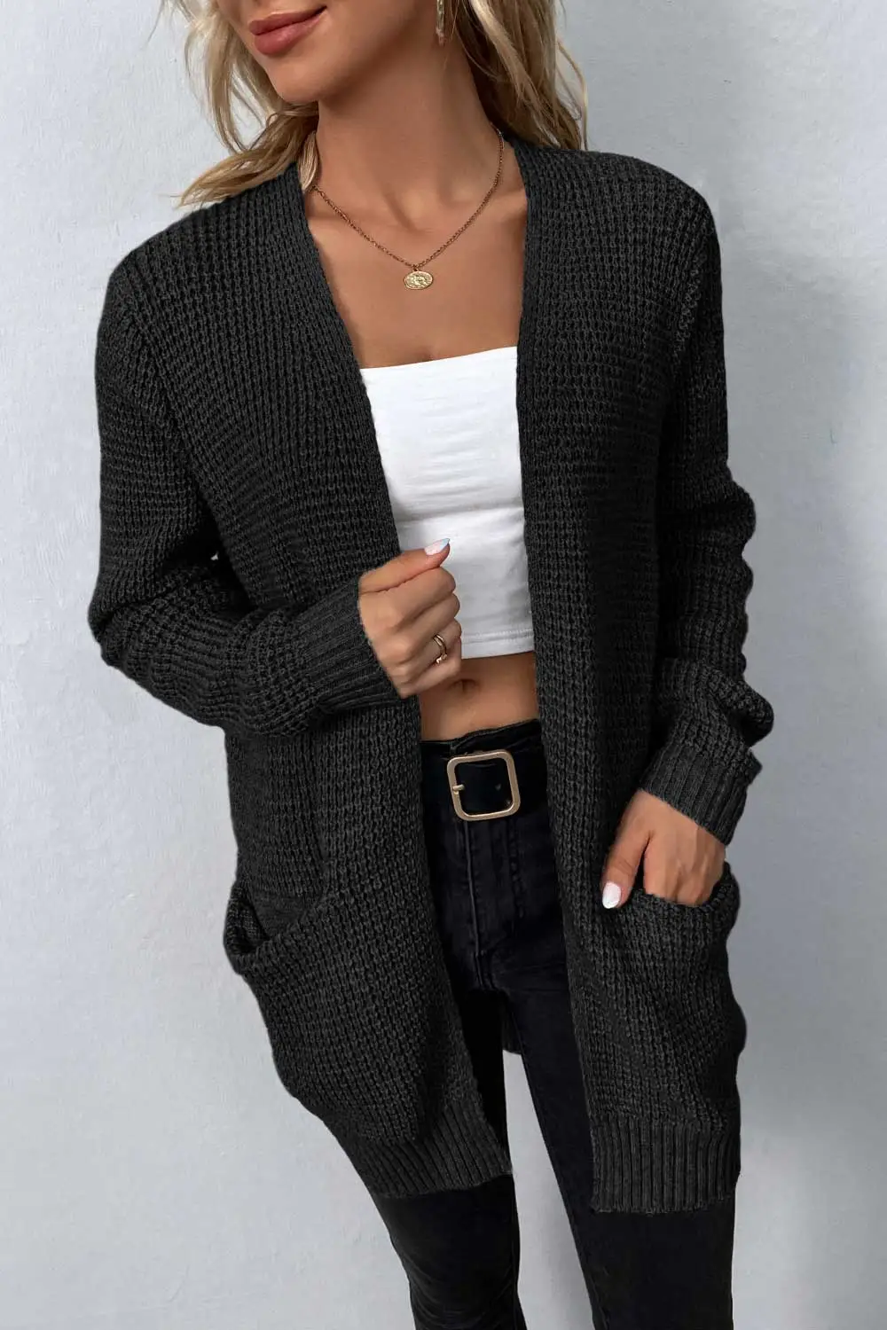 Rib-Knit Open-Front Pocketed Cardigan