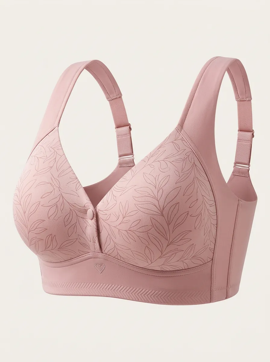 Women's Plus Size Dusty Rose Leaf Front-Closure Full-Coverage Wireless Bra