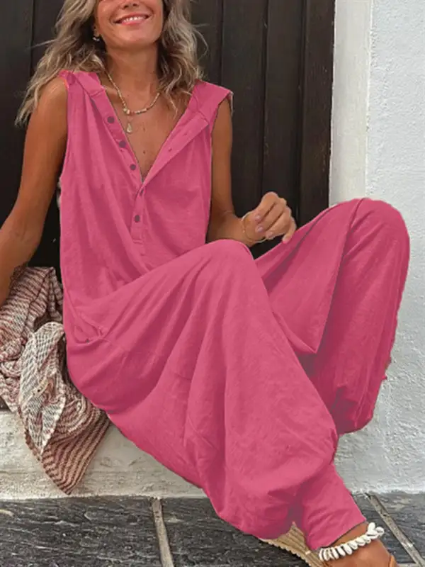 Clean Button Hooded Sleeveless Trousers Jumpsuit Pants