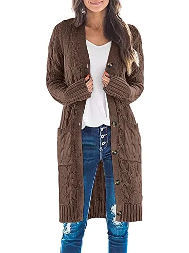 Womens Long Sleeve Cable Knit Long Cardigan Open Front Button Sweater Outerwear