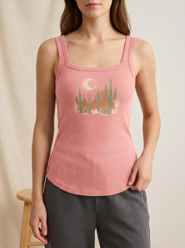 Graphic Cactus Moon Built-In Bra Tank Top