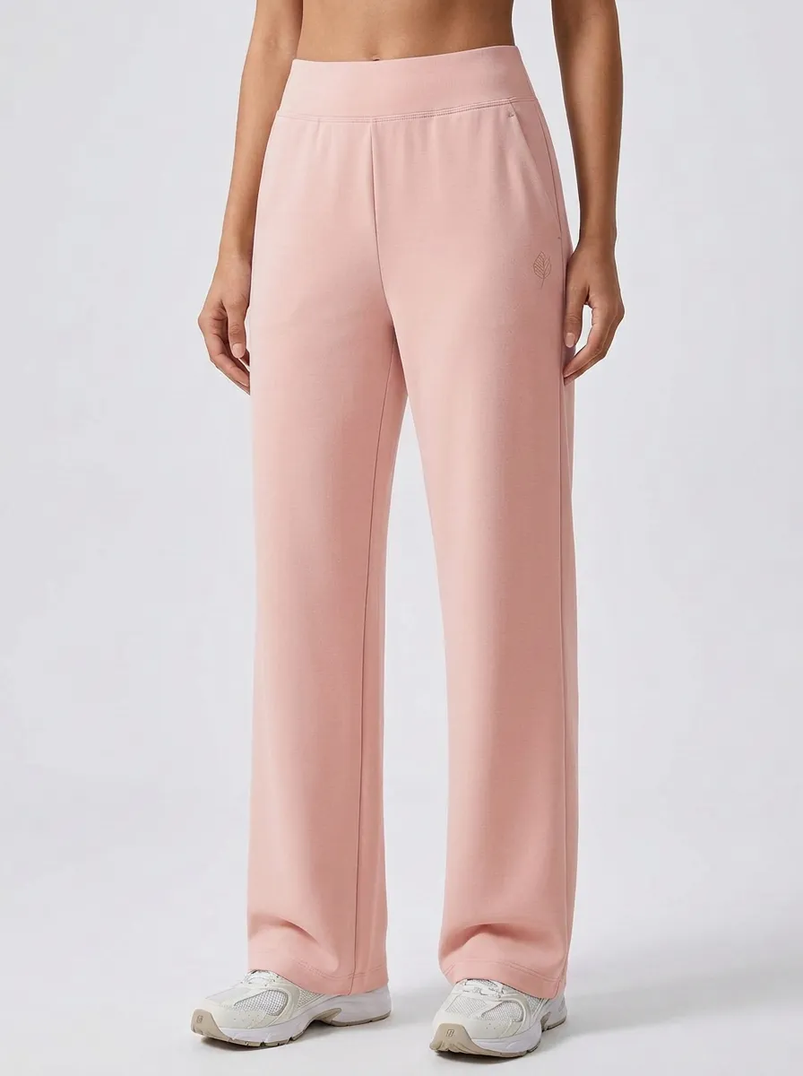 Women's Minimalist Solid Beige Leaf Logo Printed Wide Leg Pants