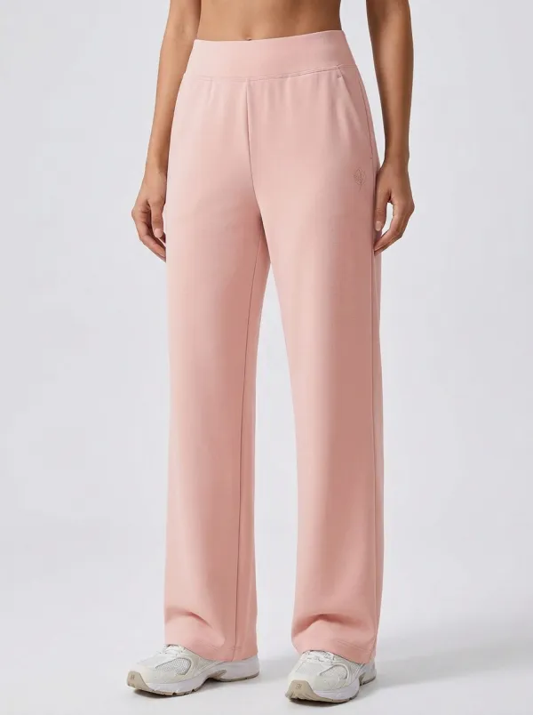 Women's Minimalist Solid Beige Leaf Logo Printed Wide Leg Pants