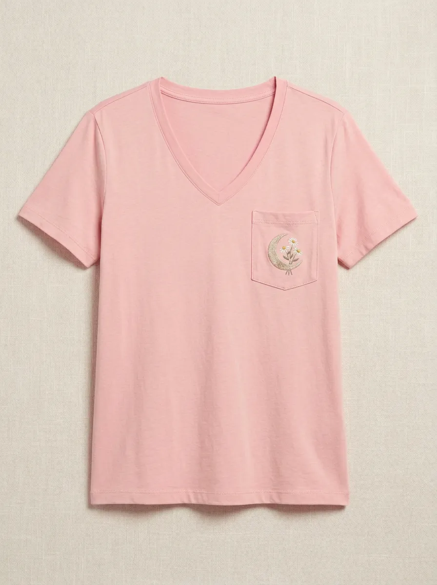 Women's Moon & Daisy Embroidered Pocket V-Neck T-Shirt