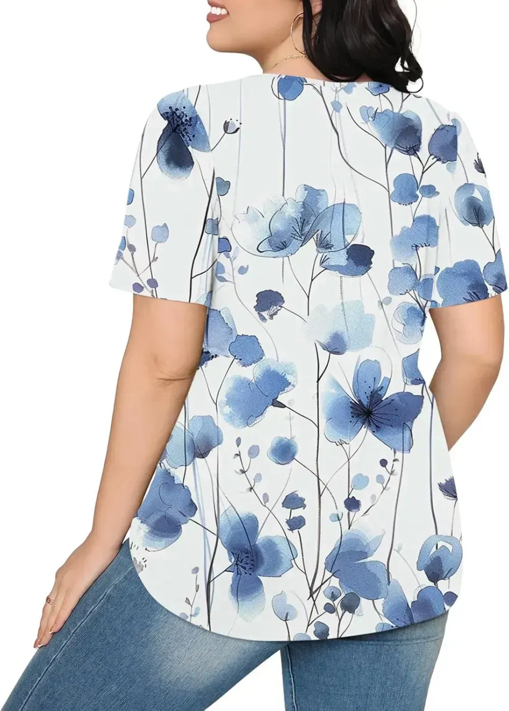Womens Summer Pleated Front Shirts Tunics Casual Short Sleeved Loose Round Neck Boho Printed Tops Vacation Blouse