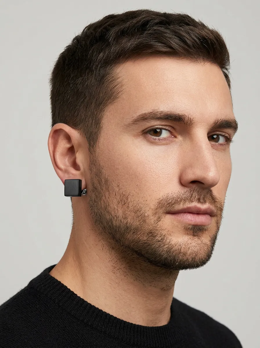 Men's Faceted Minimalist Geometric Square Stud Earrings