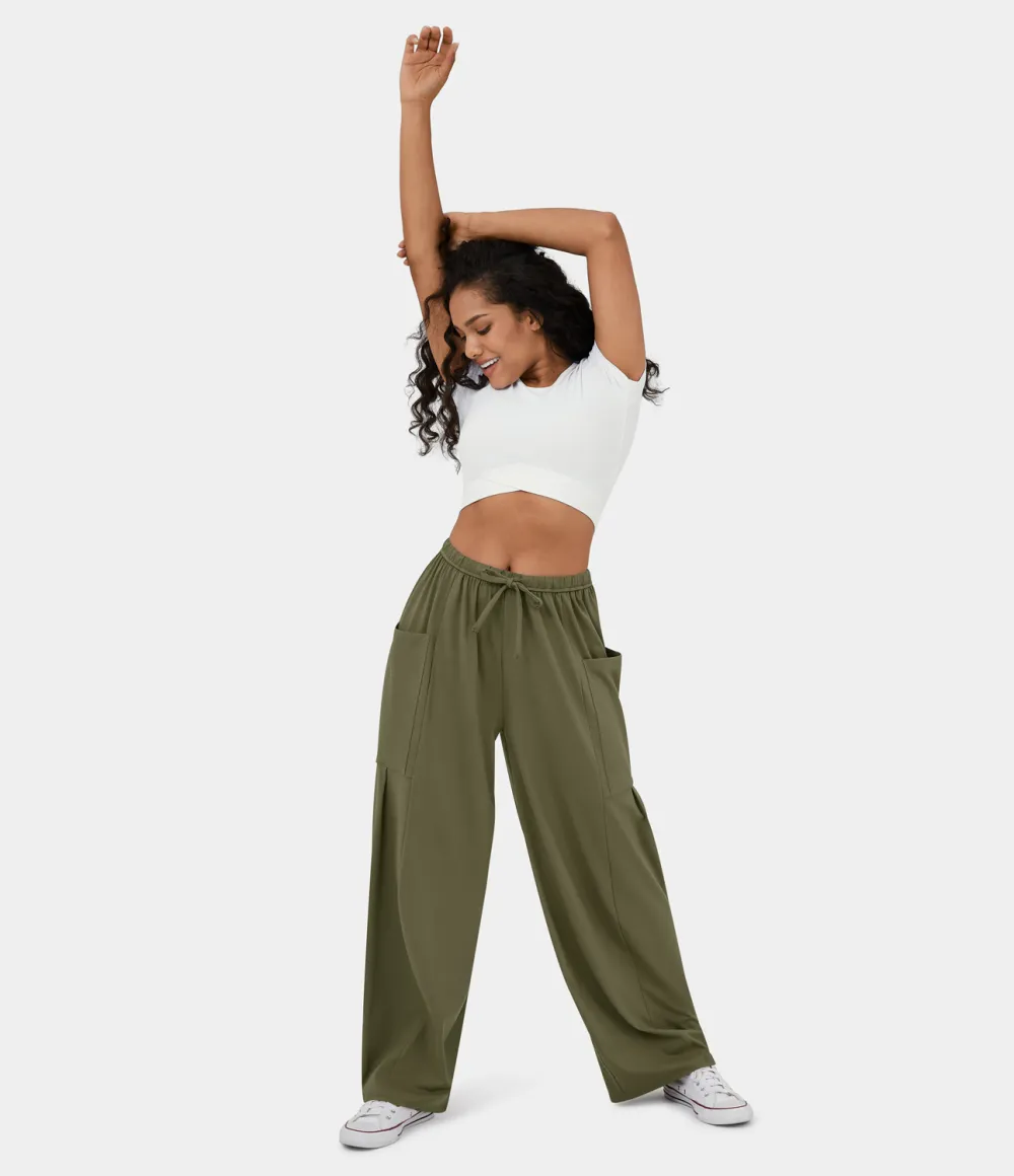 Mid Rise Elastic Waistband Drawstring Side Pocket Palazzo Flowy Wide Leg Casual Pants