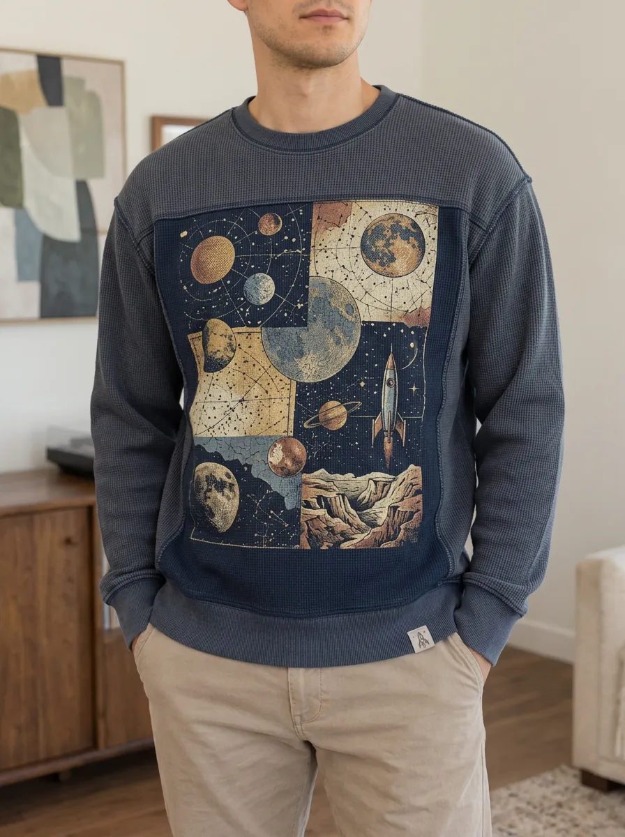 Men's Navy Graphic Crewneck Waffle Knit Sweatshirt