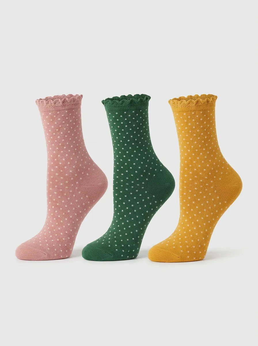 Women's Multicolor Polka Dot Ruffle-Trim Crew Ruffle Trim Socks 3-Pack