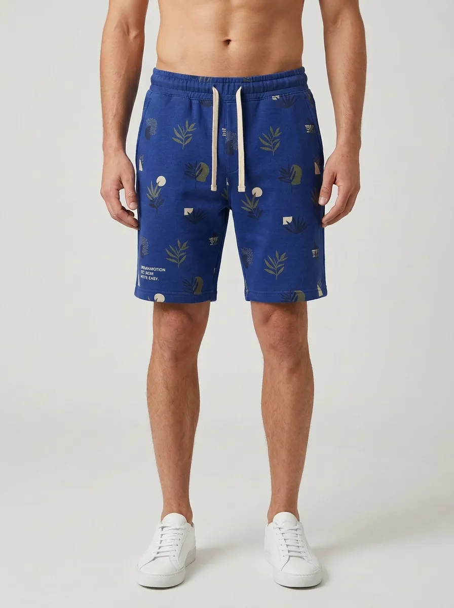 Men's Botanical Geometric Drawstring Elastic-Waist Printed Sweat Shorts
