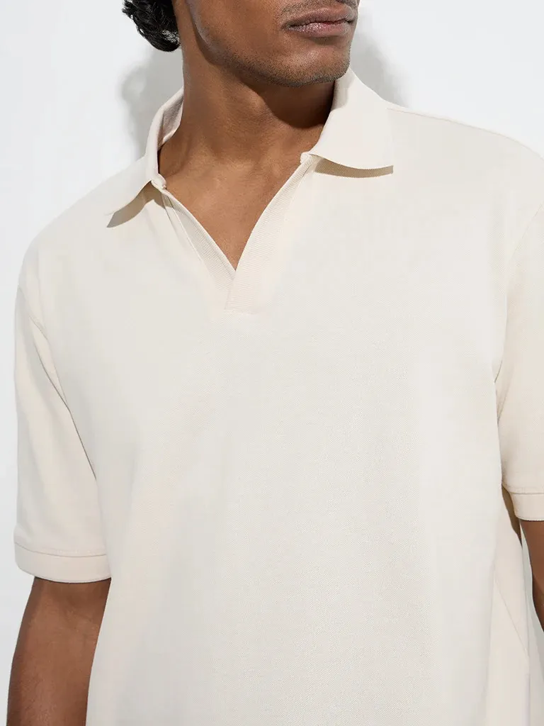 Beige Loose Cotton-Blend Polo T-Shirt