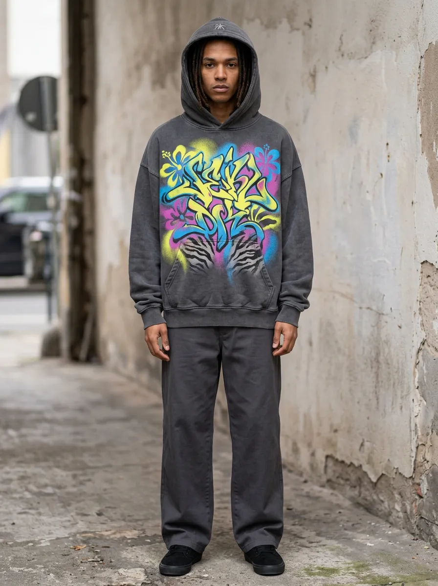 Unisex Graffiti Floral Tiger Stripe Graphic Hoodie