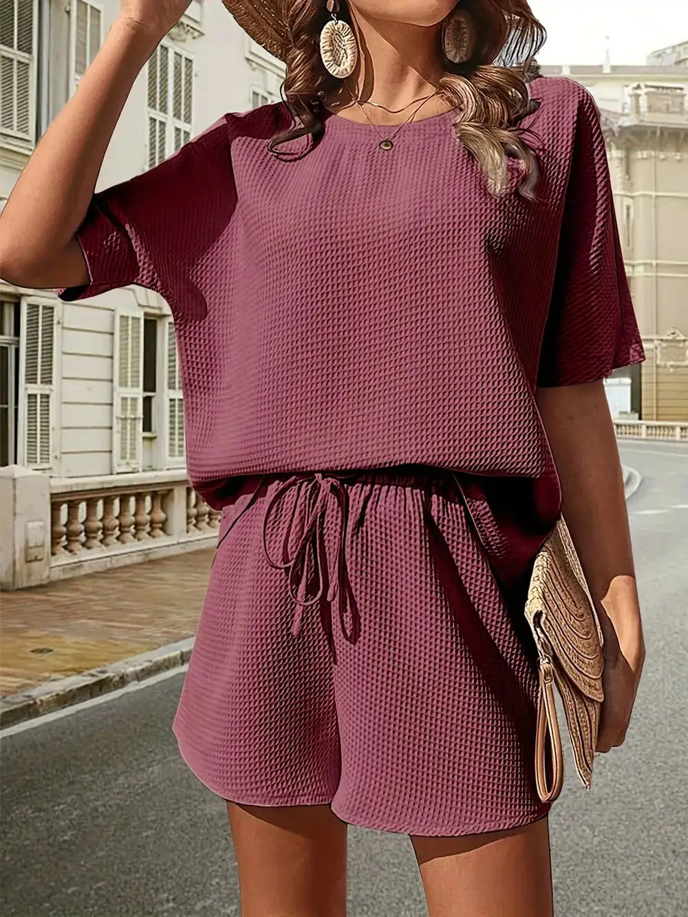 Waffle Knit Half Sleeve Top and Shorts Set