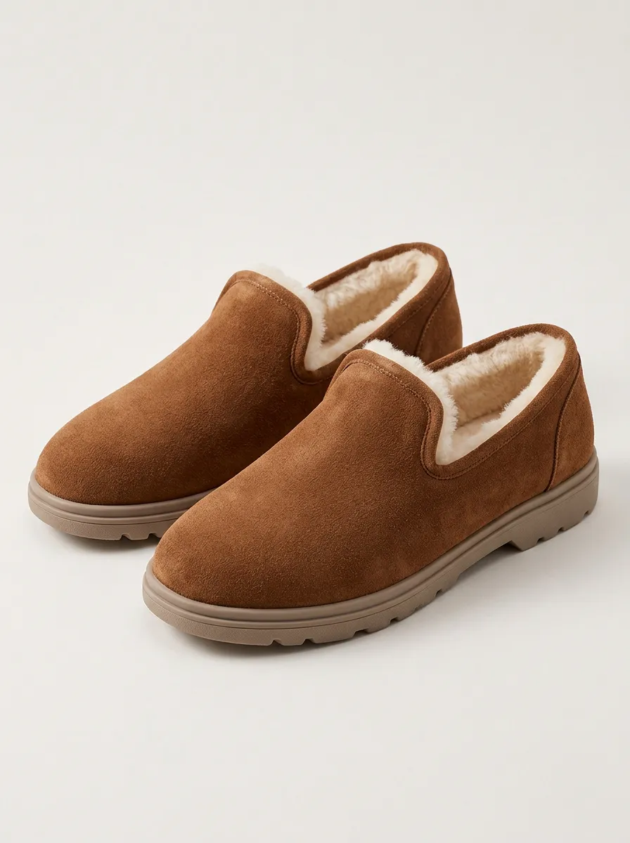 Textured Faux Fur Lined Suede Look Slippers