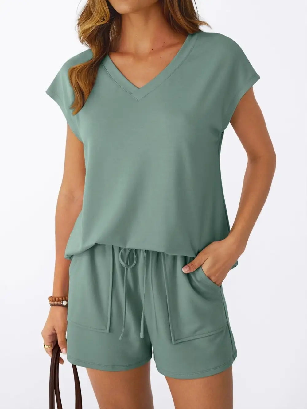 Casual V Neck T Shirt and Shorts Set