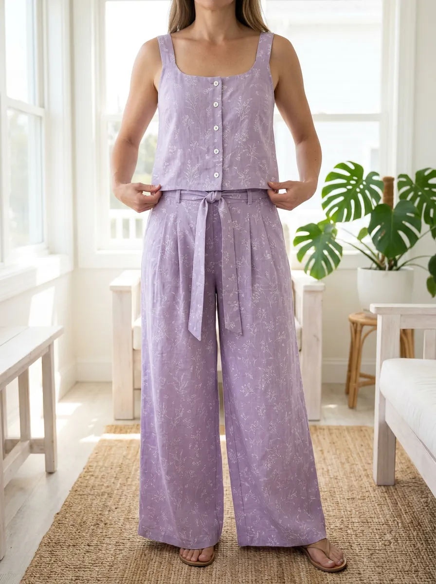 Women's Floral Botanical Patterned Button-Down Tank Wide Leg Pants Set