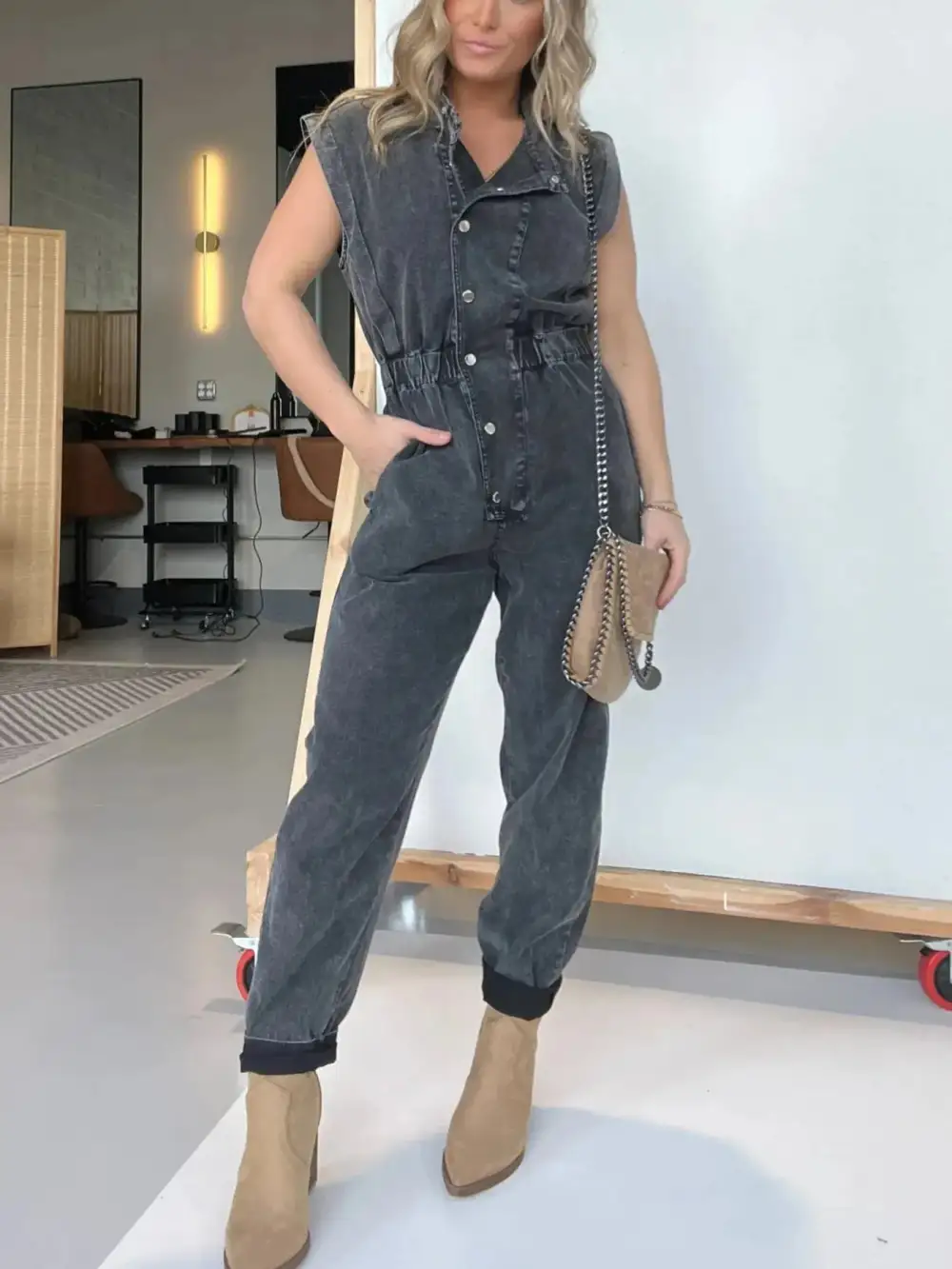 Modern Denim Button Front Jumpsuit