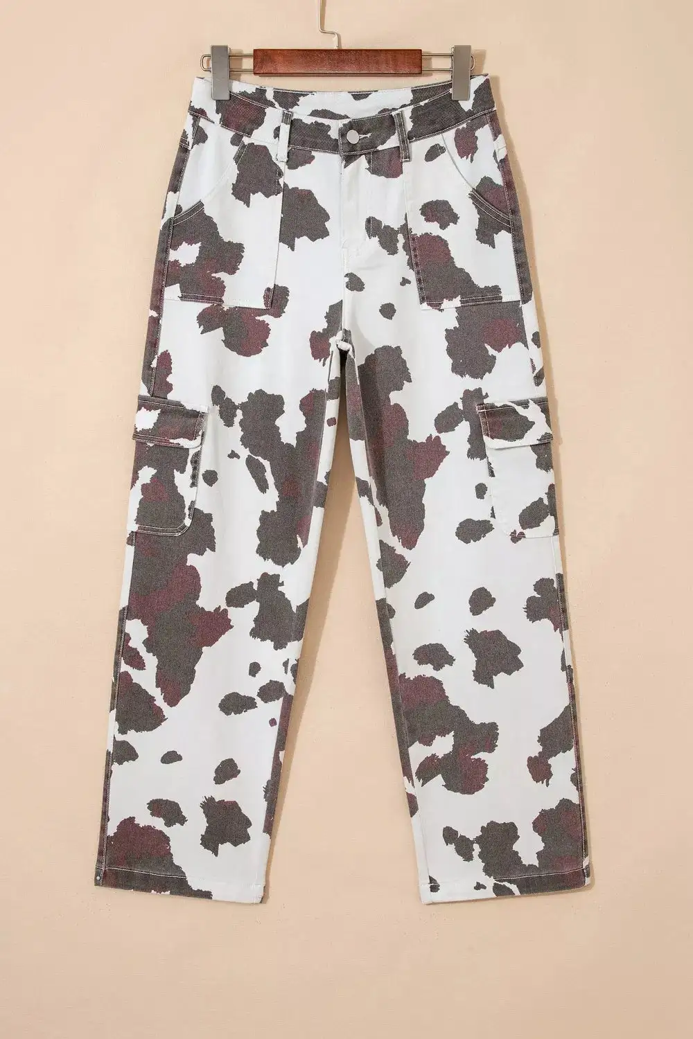 Denim Cow Print Pocketed Jeans