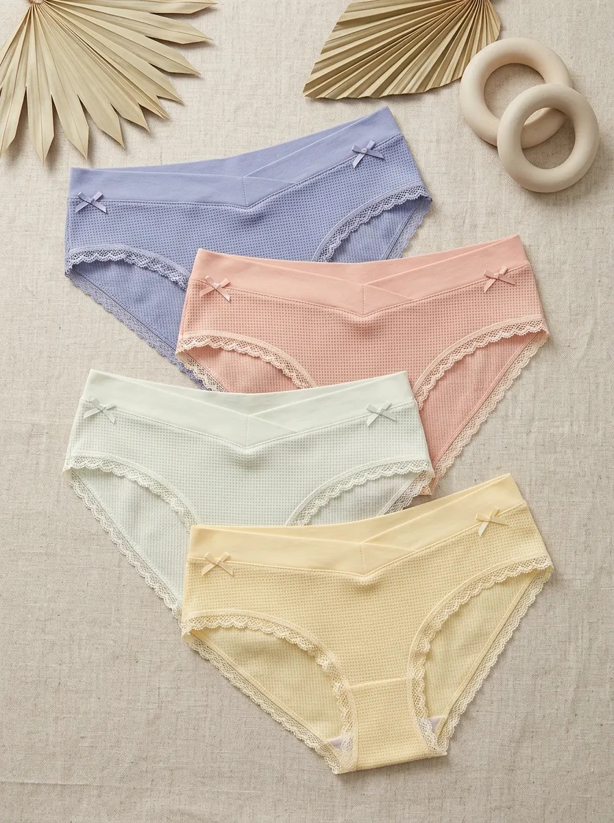 Women's V-Waist Waffle Knit Lace Trim Bowknot Panties Set