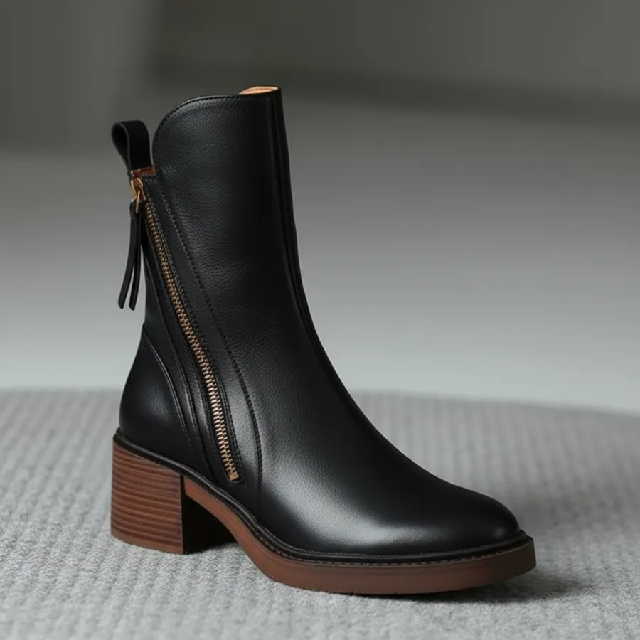 Leather Ankle Boots Side Zip Block Heel