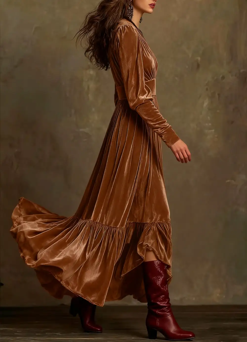 Velvet V Neck Ruffle Dress Casual