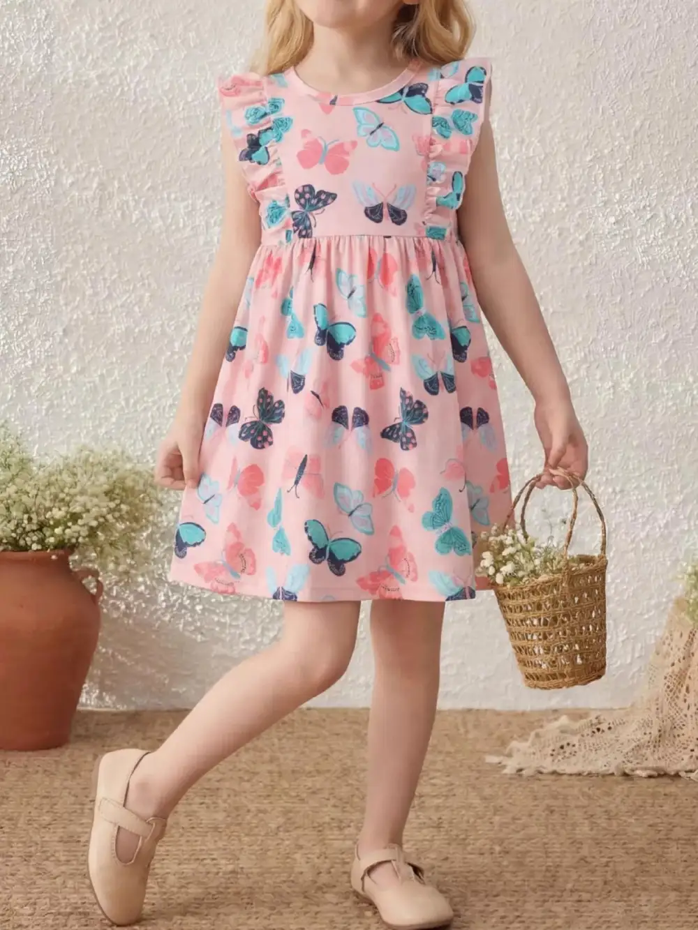 Girls Butterfly Print Ruffle Sleeve Dress