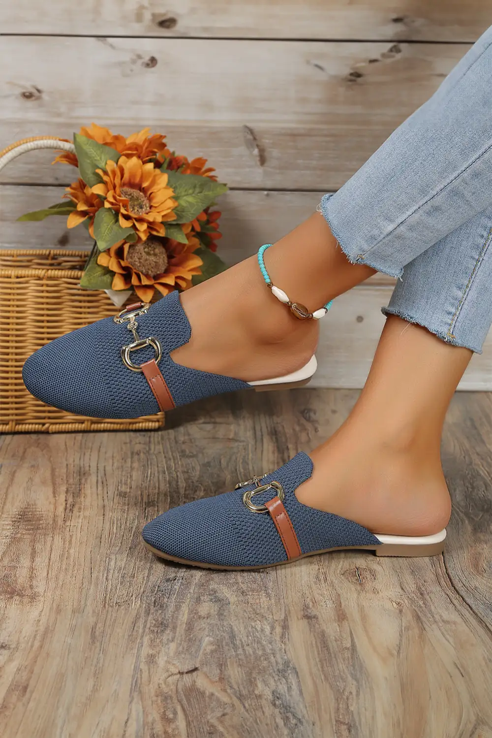 Sky Leather Strap Buckle Decor Slip On Flats