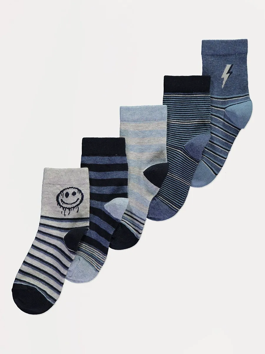 Blue Striped Smiley Ankle Length Socks 5 Pack