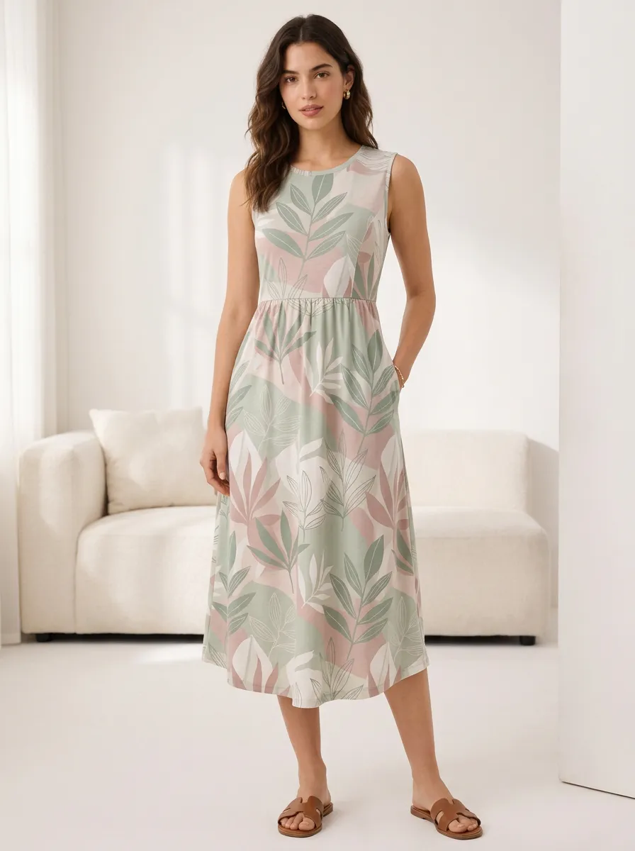 Women's Botanical Leaf Pattern Printed Sleeveless Midi Dress