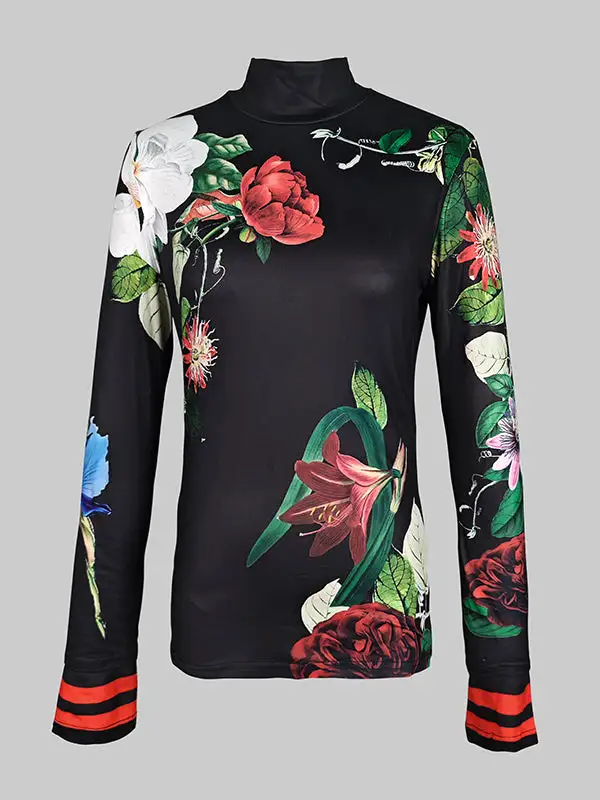 Long Sleeve Slim Fit Floral Print Panel Detail High Neck Everyday T-Shirt